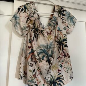 H&M Tropical Print Blouse - Cream and Green